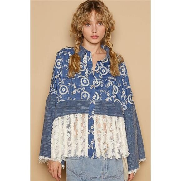 NWT POL Lace Hem Embroidered Long Sleeve Shirt - Picture 1 of 5